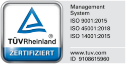 TÜV Rheinland zertifiziert: Qualität nach DIN EN ISO 9001:2015, Umwelt nach DIN EN ISO 14001:2015, Sicherheit nach DIN EN ISO 45001:2018